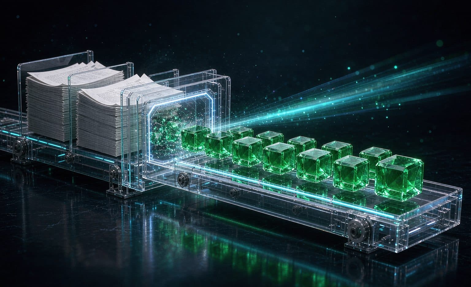 Loan documents entering a machine and emerging as a high-speed flow of tokens