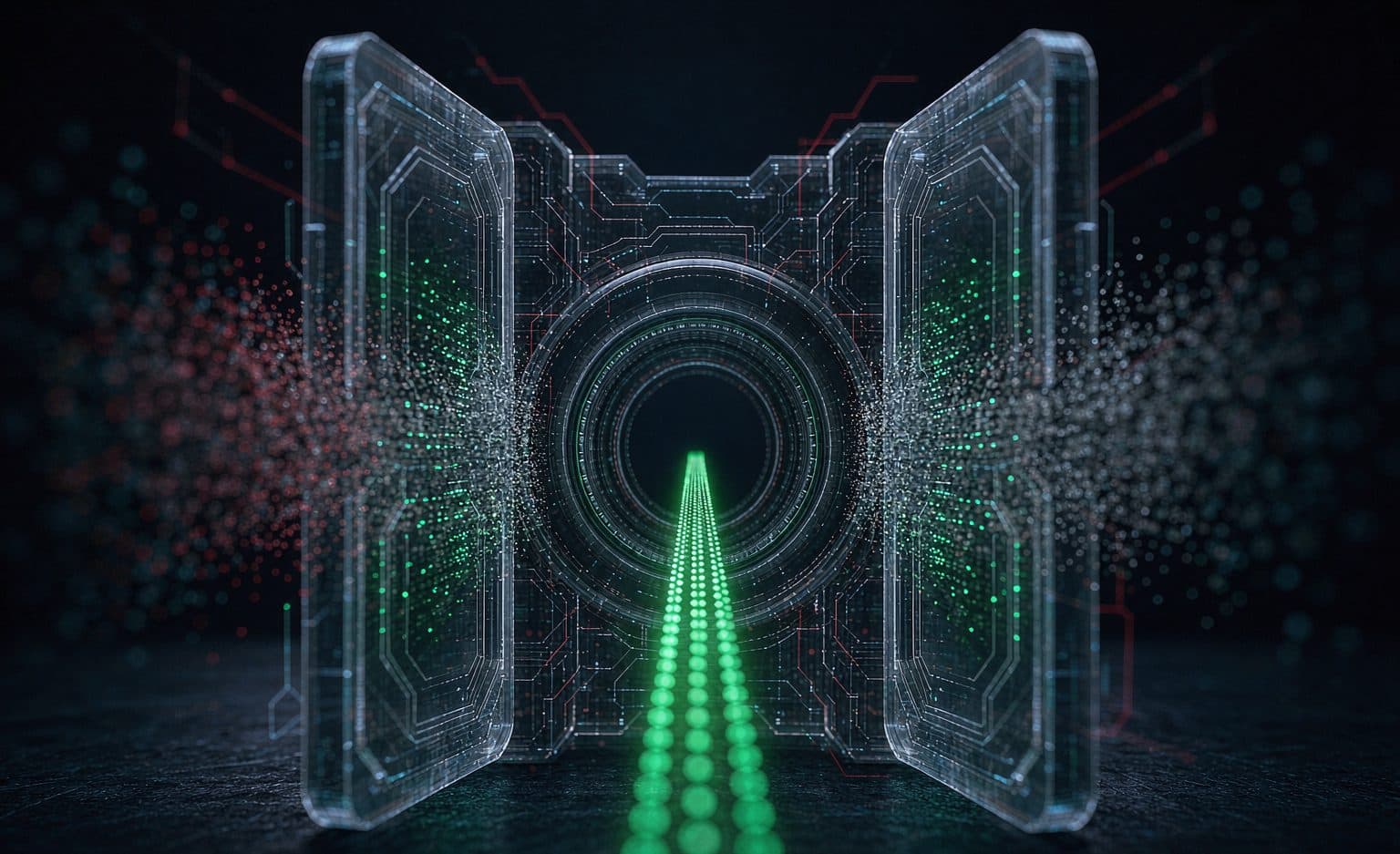 A glowing regulatory sandbox ring with compliance gates inside