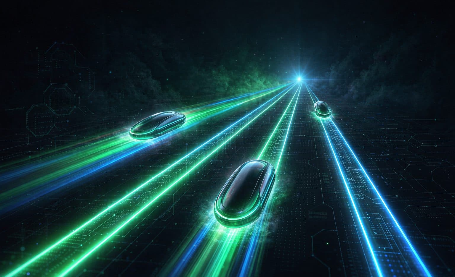 Luminous payment rails arcing across a globe