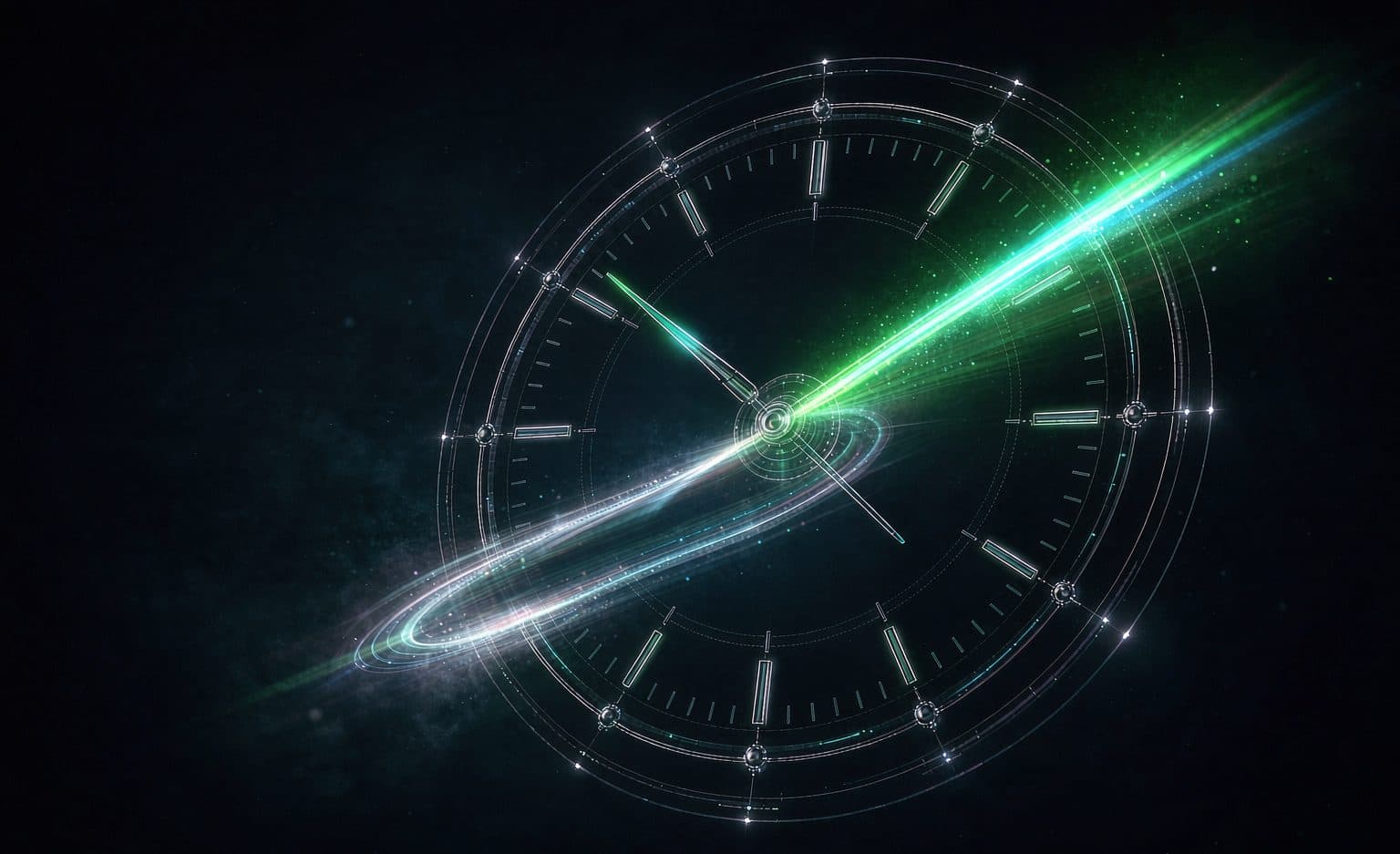 Calendar and clock panels compressed through an aperture into a single instant