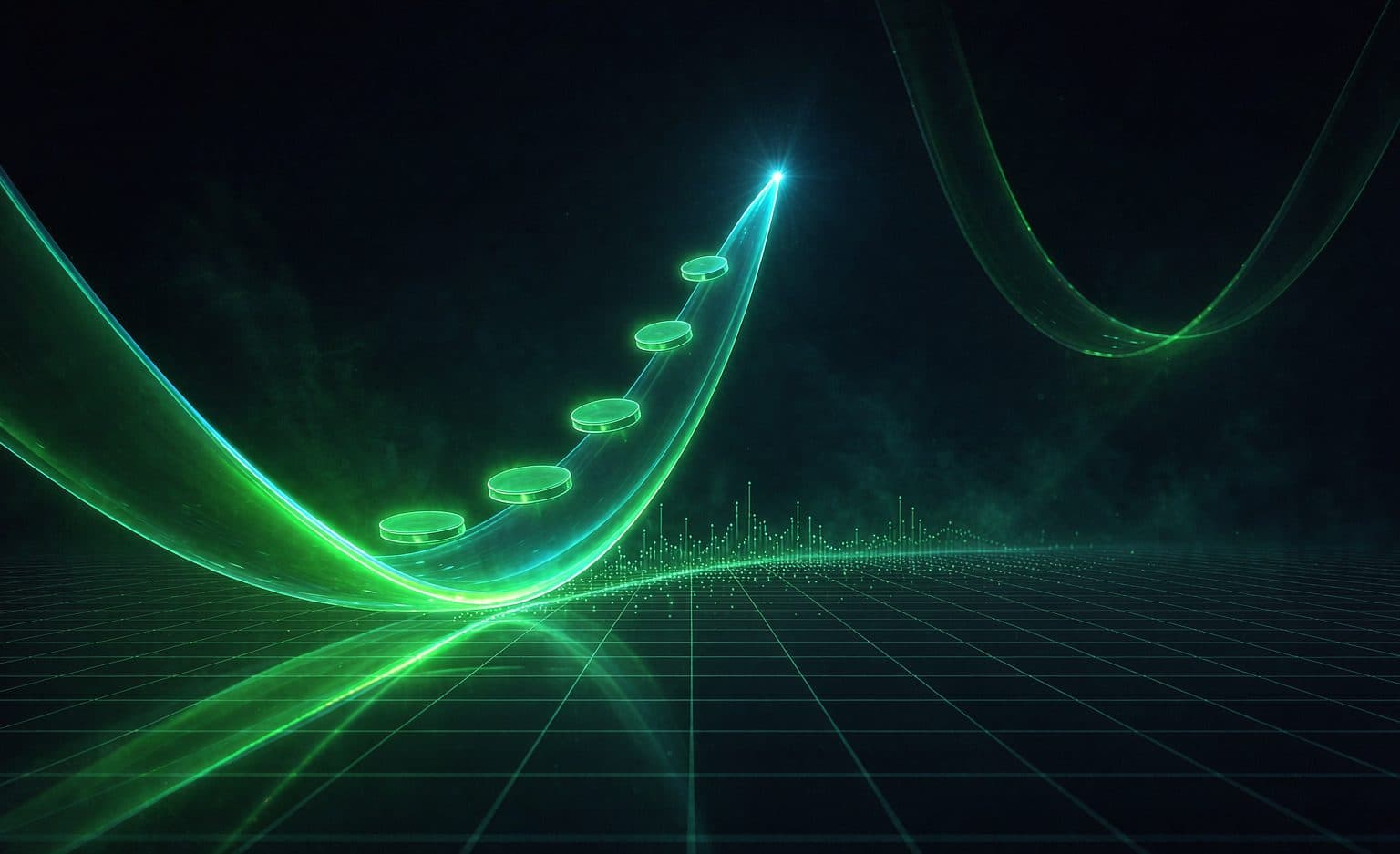 A bond certificate dissolving into flowing digital tokens beneath a rising yield curve